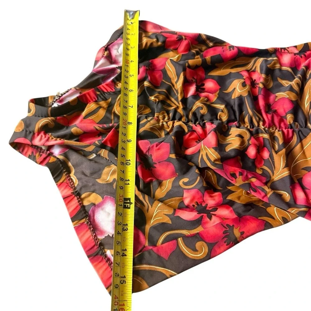 Vintage Maxine Swimsuit Size 12‎ One Piece Hawaiian Floral Brown Red Ruched
